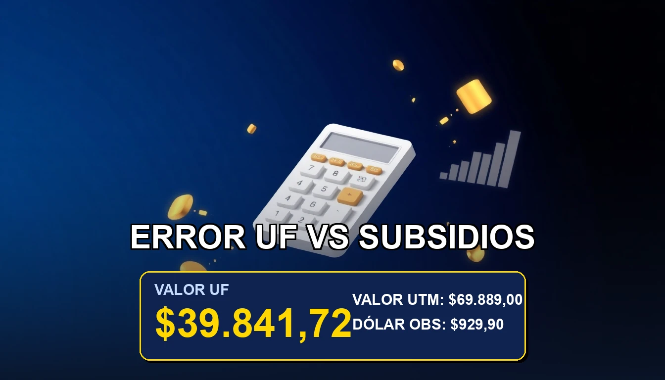 Ilustración financiera premium sobre el impacto del error entre la UF diaria y el promedio mensual en los subsidios estatales en Chile.