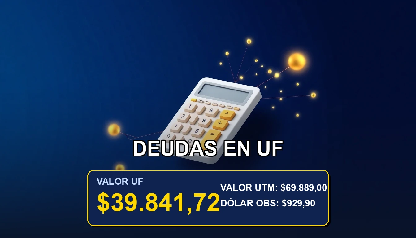 Ilustración corporativa de una calculadora futurista sobre fondo azul marino, representando el cálculo y actualización de deudas en Unidades de Fomento según el SII.