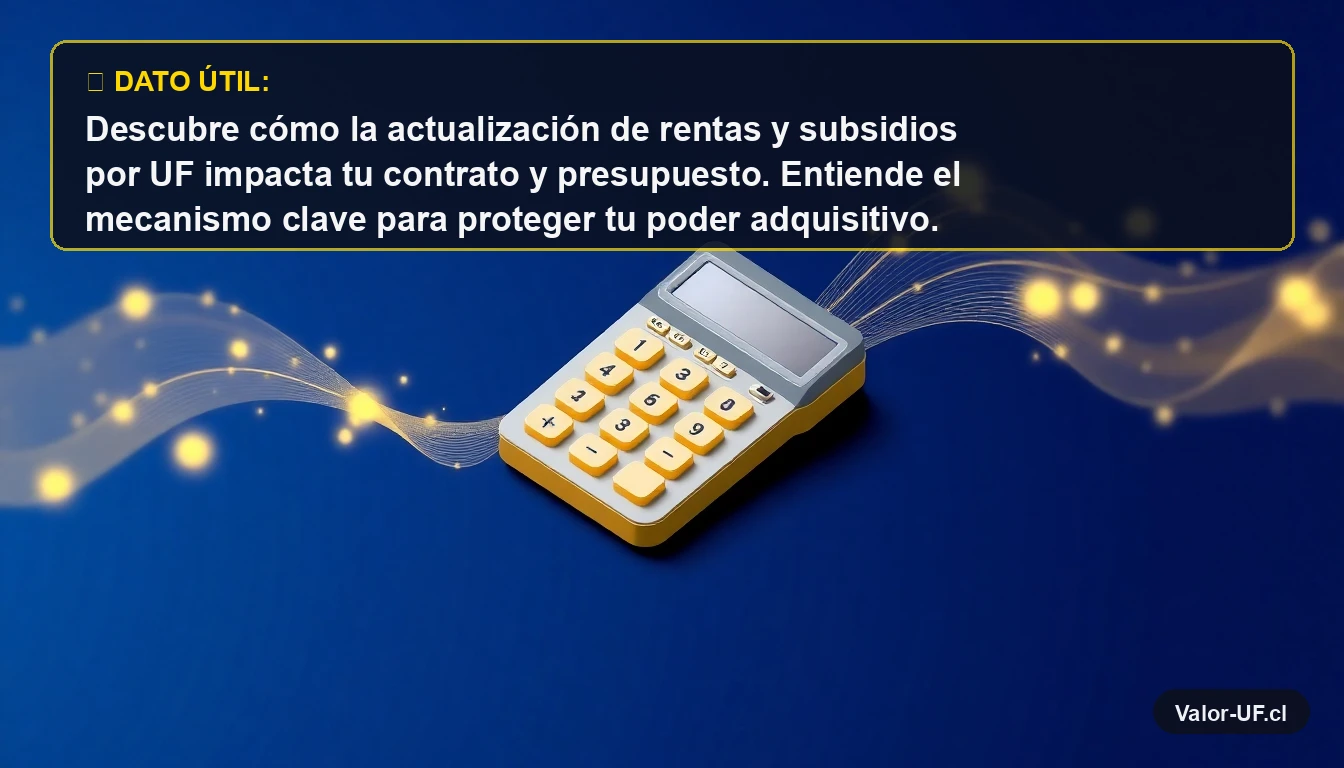 Calculadora moderna 3D con partículas doradas representando el cálculo de rentas y subsidios indexados a la Unidad de Fomento.