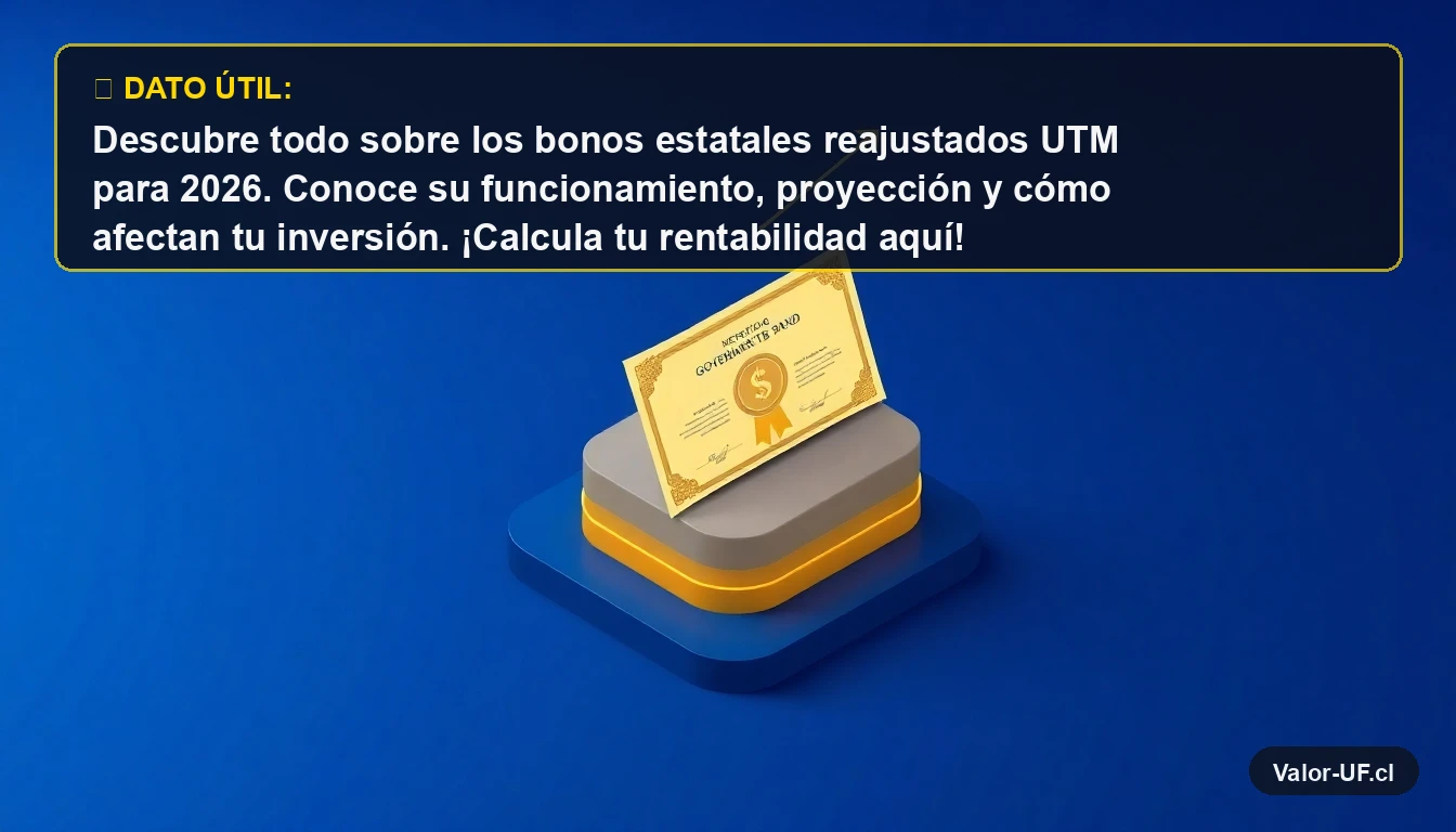 Ilustración 3D de un bono estatal reajustable según UTM sobre un pedestal, concepto de inversión segura en Chile.