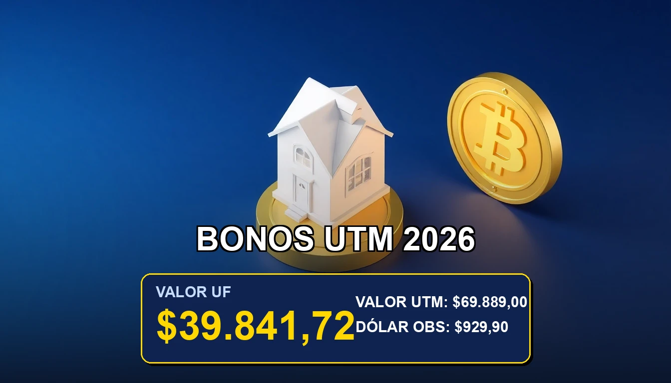 Ilustración premium de un bono estatal chileno reajustable en UTM, concepto de inversión segura y crecimiento.