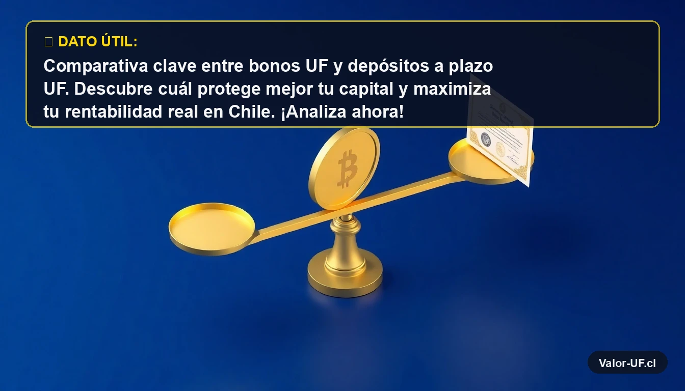 Escala dorada comparando un bono estatal y una moneda, representando la decisión entre bonos UF y depósitos a plazo.