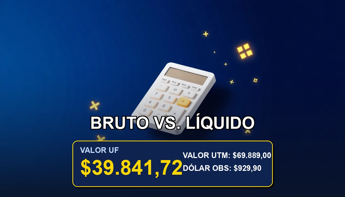 Ilustración financiera premium sobre la diferencia entre sueldo bruto y líquido en UF, concepto de ahorro y cálculo en Chile.