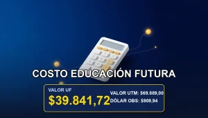Ilustración premium de una calculadora financiera futurista sobre un fondo azul marino, representando el cálculo del ahorro para la educación en Chile.