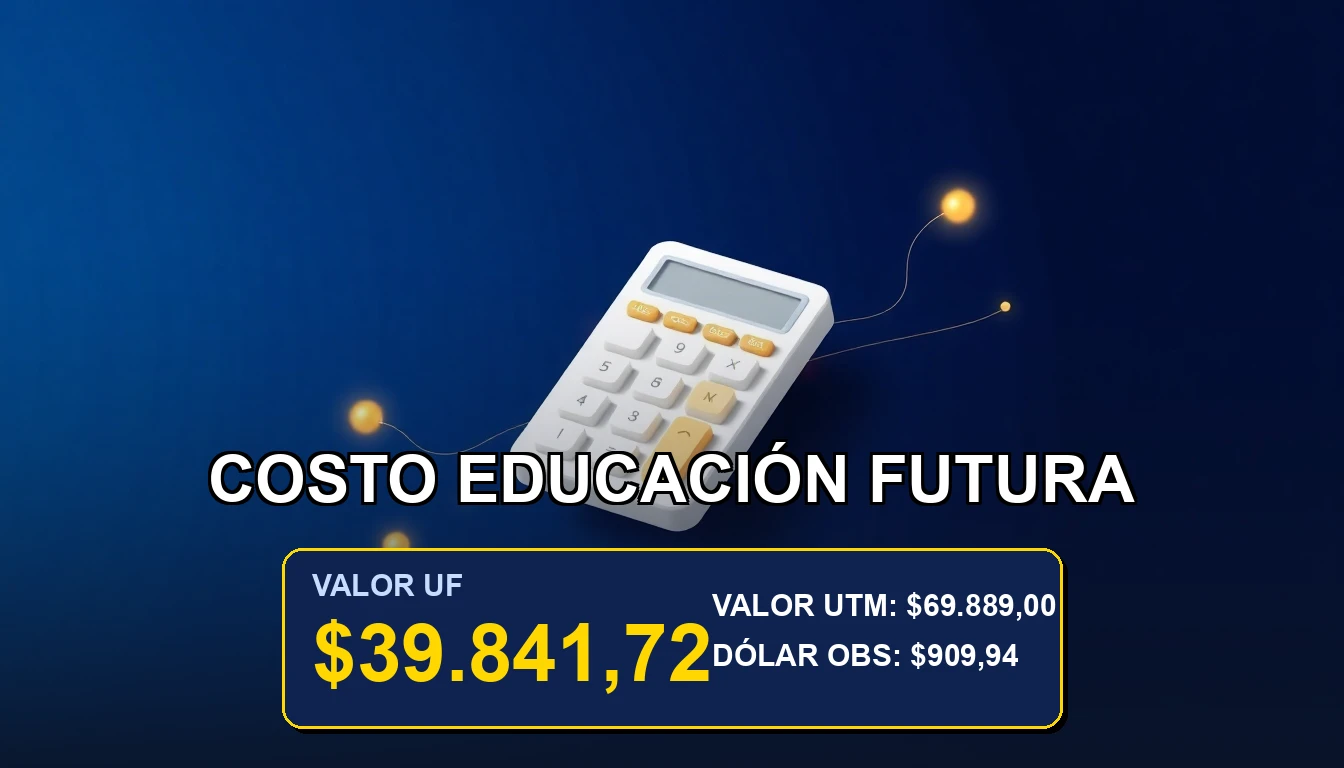 Ilustración premium de una calculadora financiera futurista sobre un fondo azul marino, representando el cálculo del ahorro para la educación en Chile.