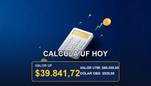 Ilustración premium de una calculadora financiera y monedas de oro sobre fondo azul marino, representando el cálculo preciso de la UF para dividendos.