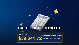 Ilustración premium de una calculadora financiera moderna sobre un fondo azul marino, representando el cálculo de rentabilidad de bonos en UF.