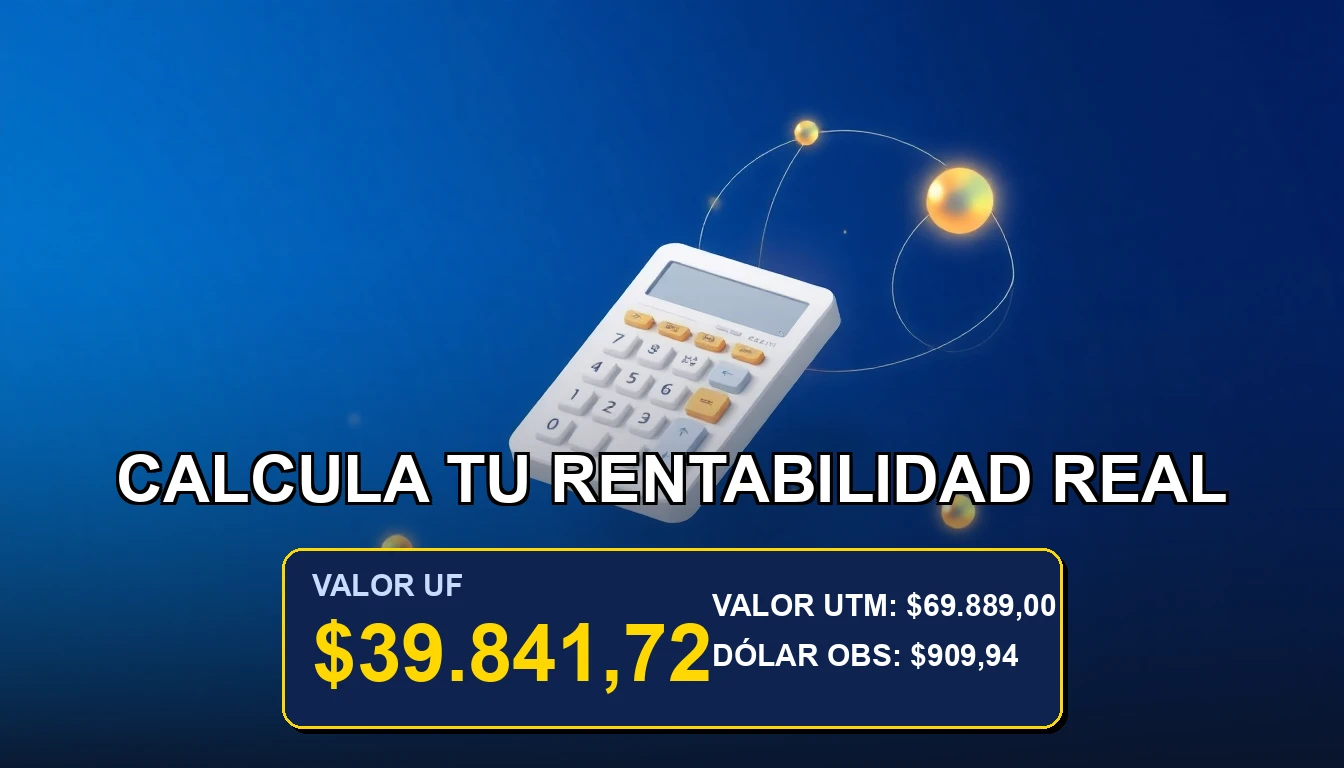 Ilustración premium de una calculadora financiera futurista sobre un fondo azul marino, representando el cálculo de la rentabilidad de un ahorro en UF.