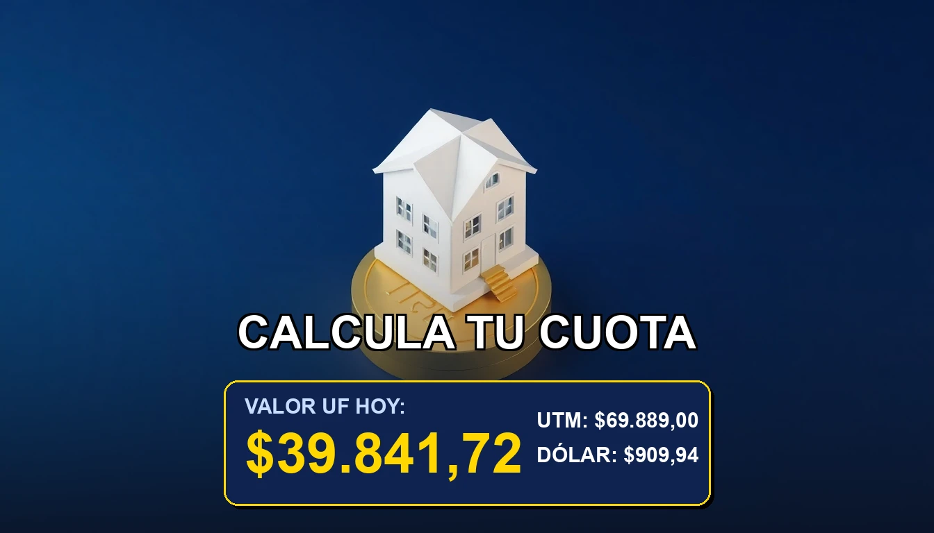 Ilustración premium de una casa isométrica sobre una moneda de oro, representando el cálculo de una cuota hipotecaria en UF y pesos chilenos.