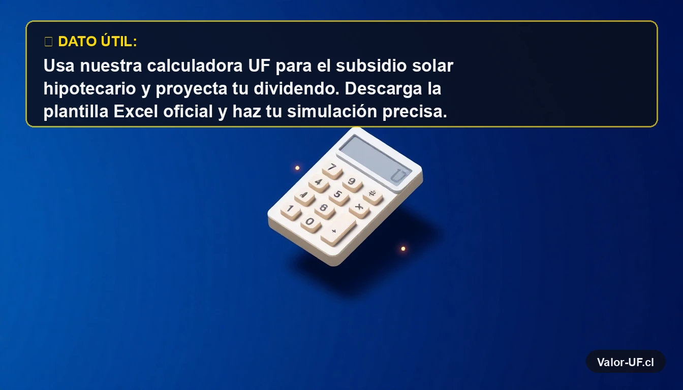 Calculadora moderna con partículas de datos para simular crédito hipotecario con subsidio solar en UF