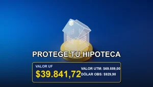 Ilustración minimalista de una casa sobre una moneda de oro, representando la protección del seguro de desgravamen para créditos hipotecarios en Chile.