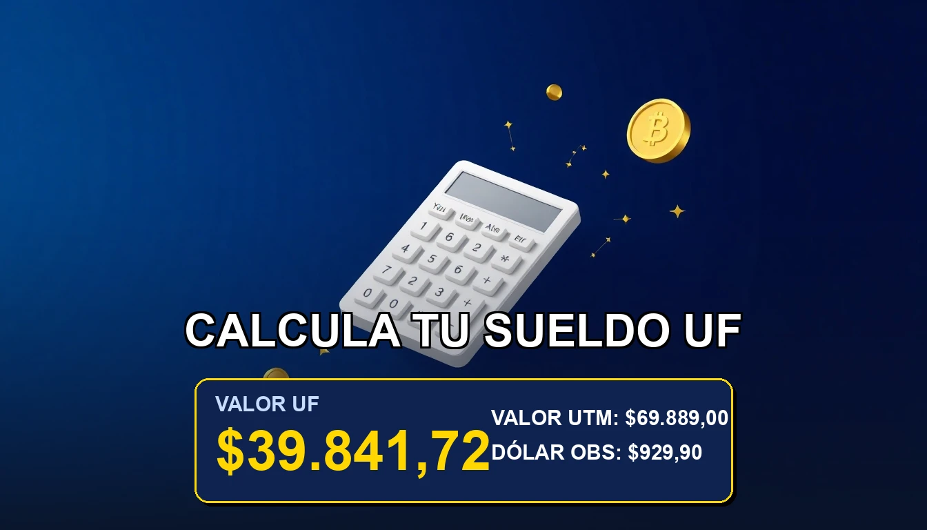 Ilustración premium de una calculadora financiera y monedas de oro sobre fondo azul marino, representando el cálculo del sueldo con cláusula UF.