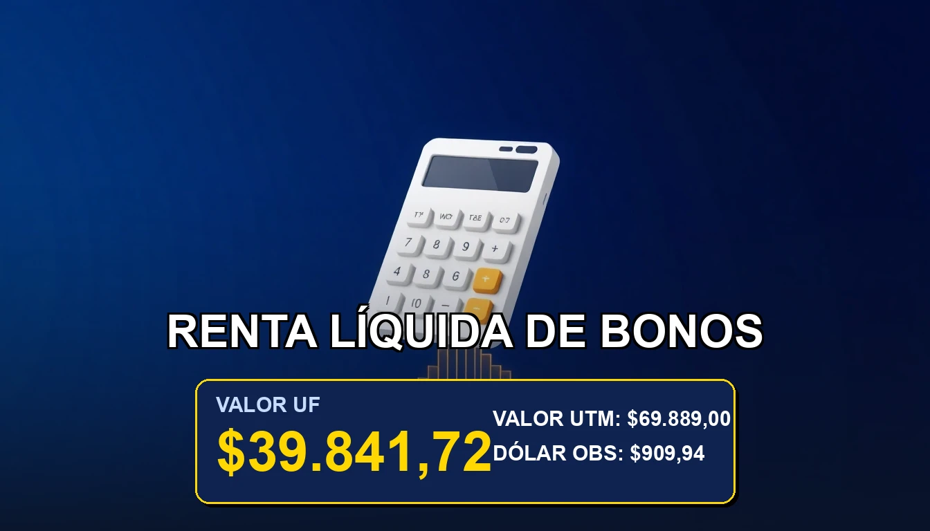 Ilustración premium de una calculadora financiera sobre un gráfico abstracto, representando el cálculo de la renta líquida de bonos del Estado de Chile.