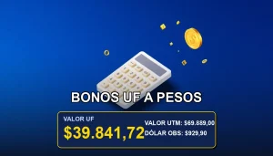 Ilustración premium de conversión de bonos estatales en UF a pesos chilenos, concepto de inversión y economía.