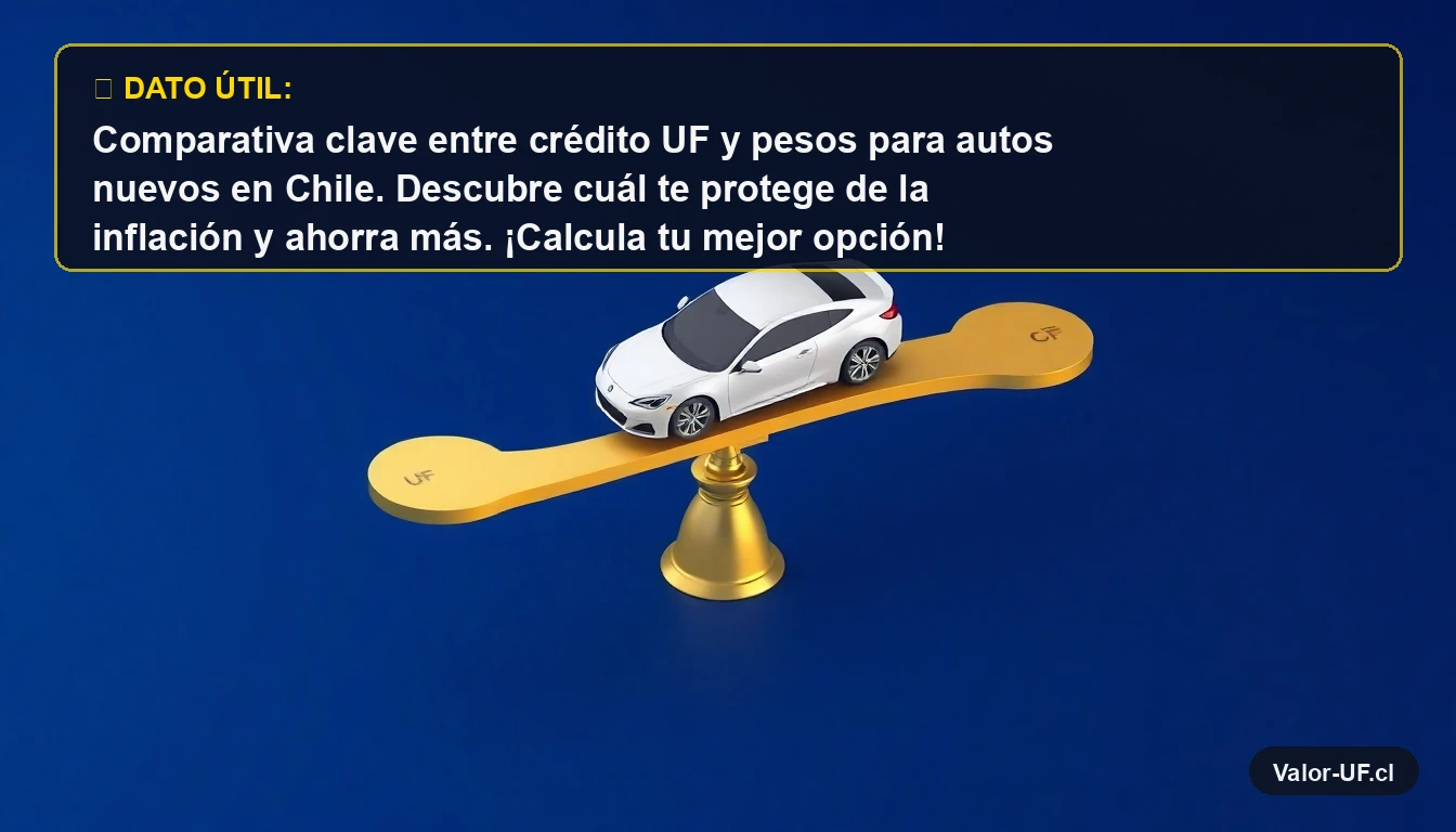 Comparativa visual de crédito UF versus crédito en pesos para financiar un auto nuevo en Chile.
