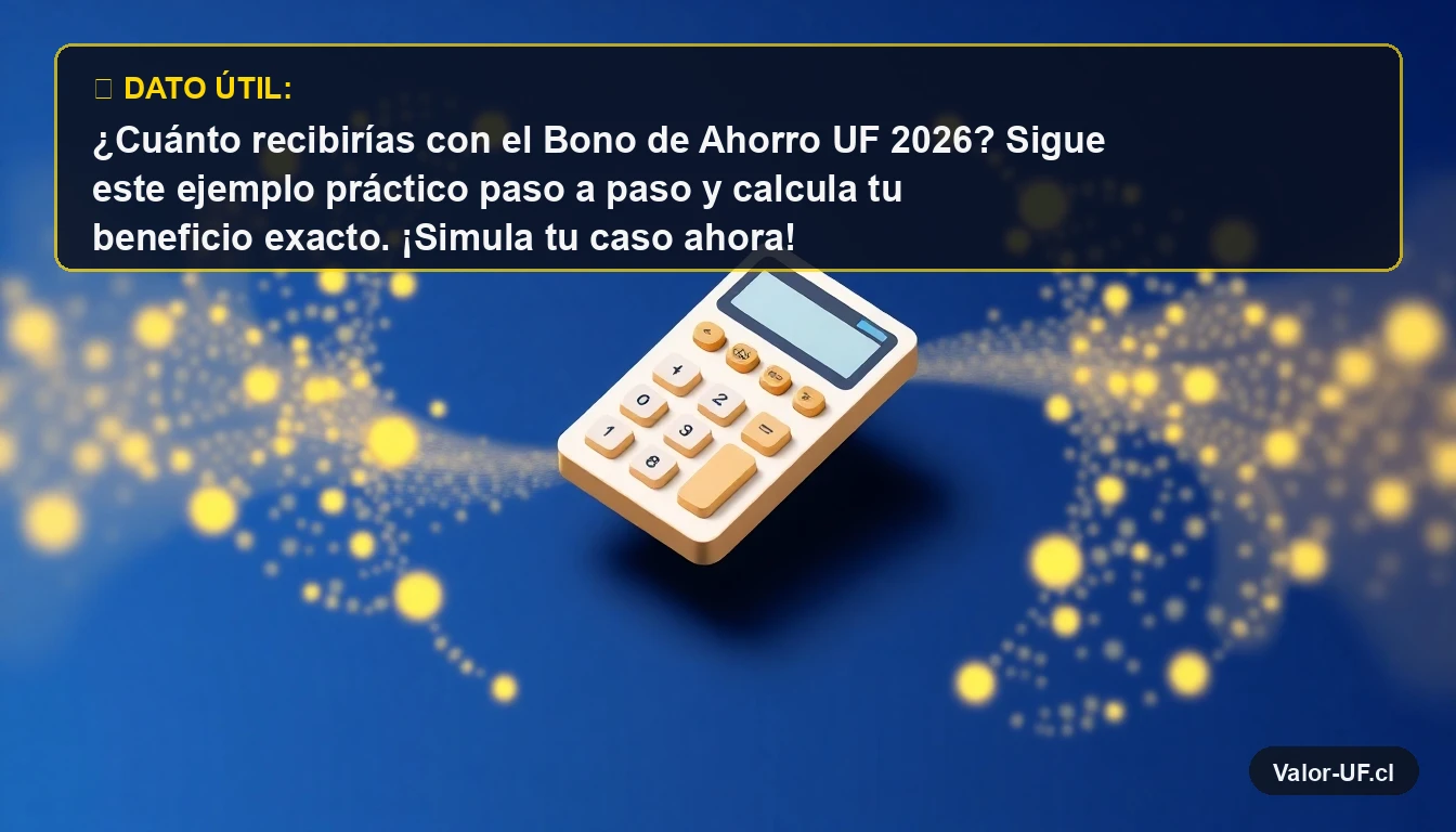 Calculadora futurista 3D para simular el Bono de Ahorro UF, con partículas de datos doradas, sobre fondo azul marino.