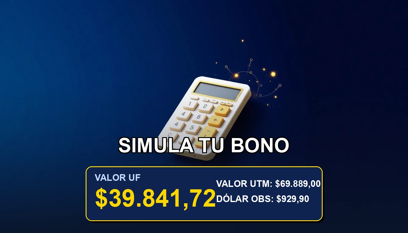 Imagen conceptual premium para artículo sobre simulación del Bono de Ahorro en UF 2026. Muestra una calculadora futurista en oro sobre fondo azul marino.