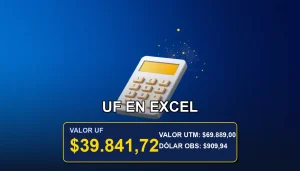 Ilustración minimalista de una calculadora financiera dorada sobre fondo azul marino, representando el cálculo correcto de la Unidad de Fomento en hojas de cálculo.