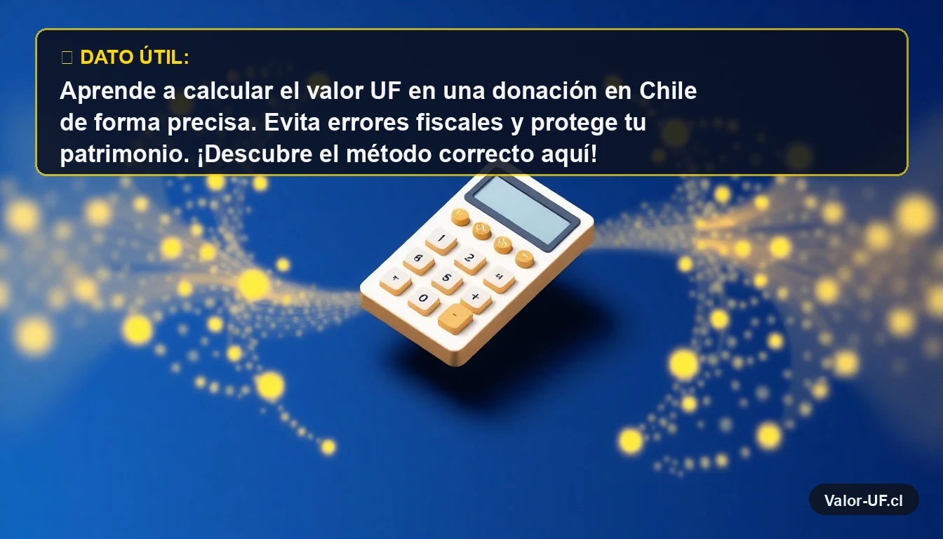 Calculadora moderna 3D isométrica para calcular el valor de la UF en donaciones, sobre fondo azul marino.