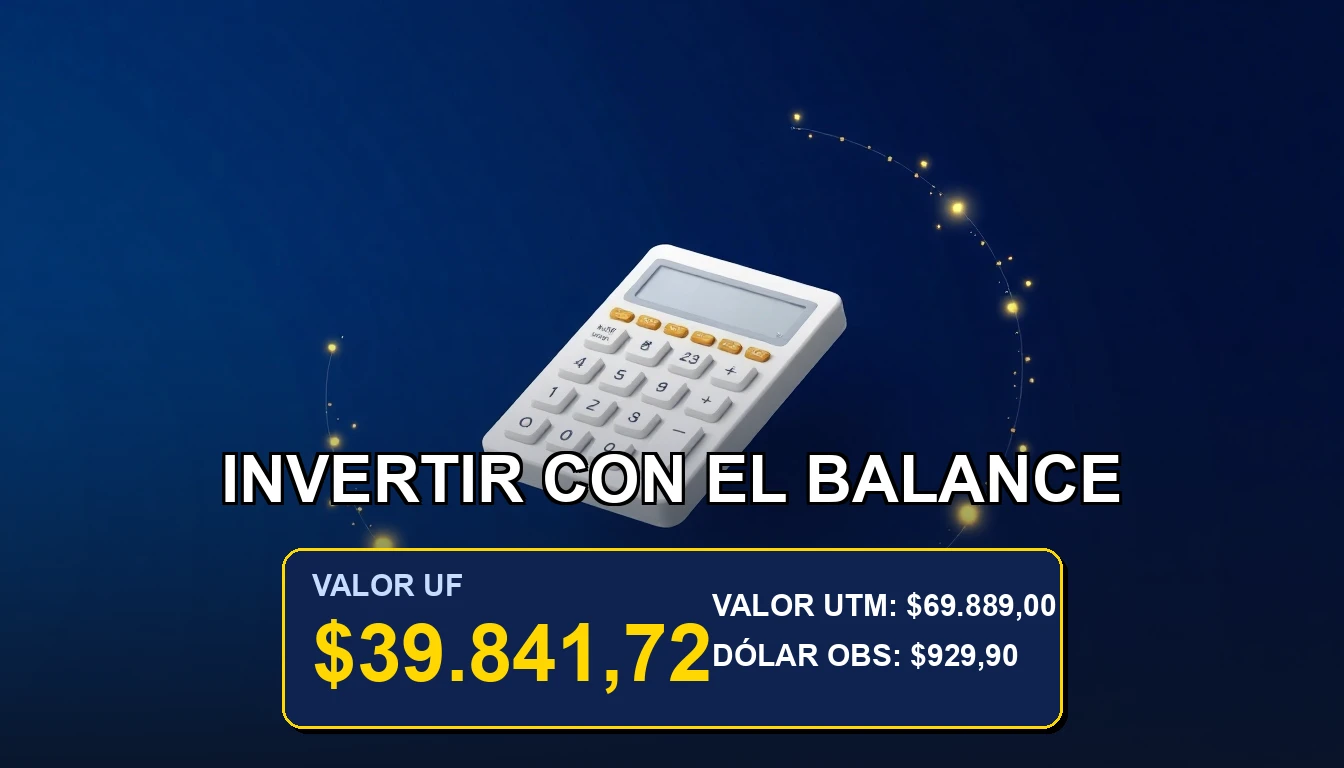 Ilustración premium de una calculadora financiera futurista sobre un fondo azul marino, representando el análisis del balance del SII para inversiones en la bolsa chilena.