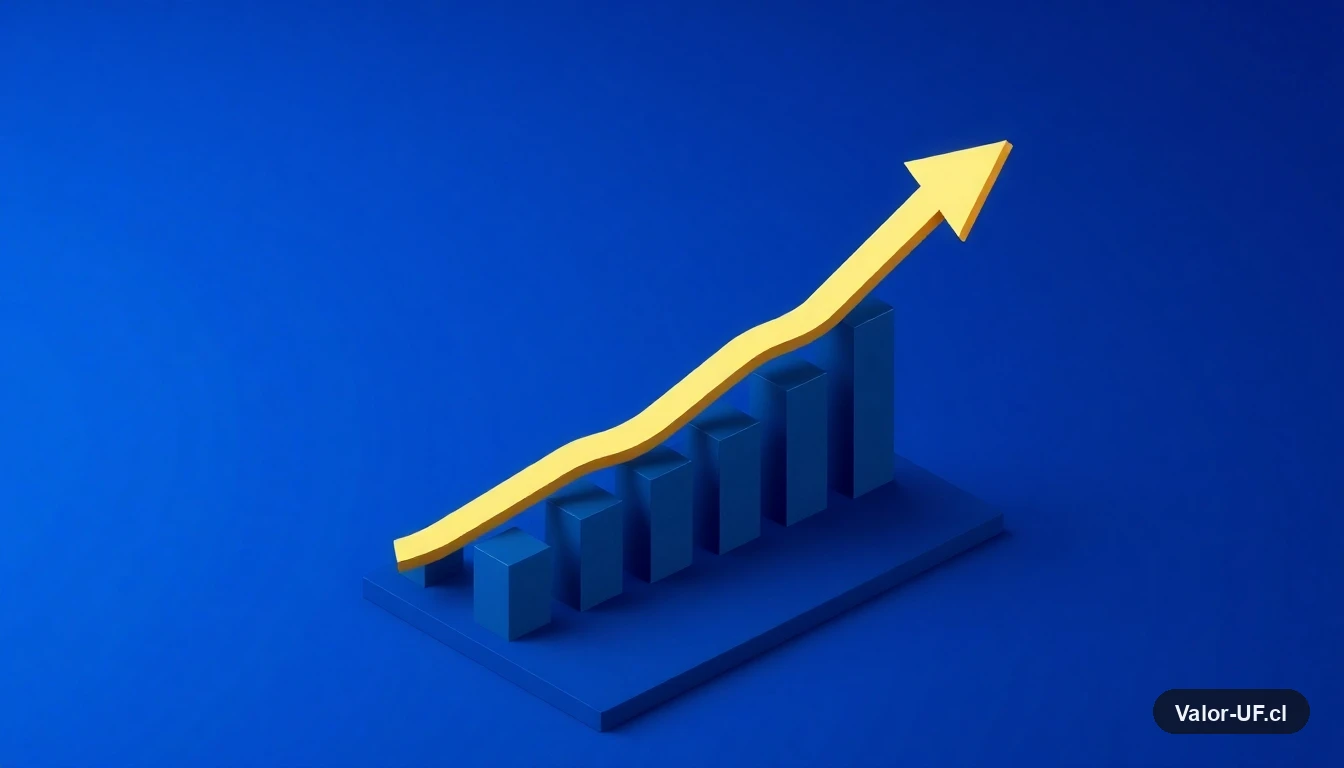 Gráfico de crecimiento de inversiones en la bolsa de valores chilena con flecha ascendente dorada
