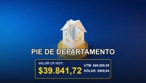 Ilustración premium de ahorro en UF para el pie de un departamento en Chile, con monedas de oro y una casa minimalista.