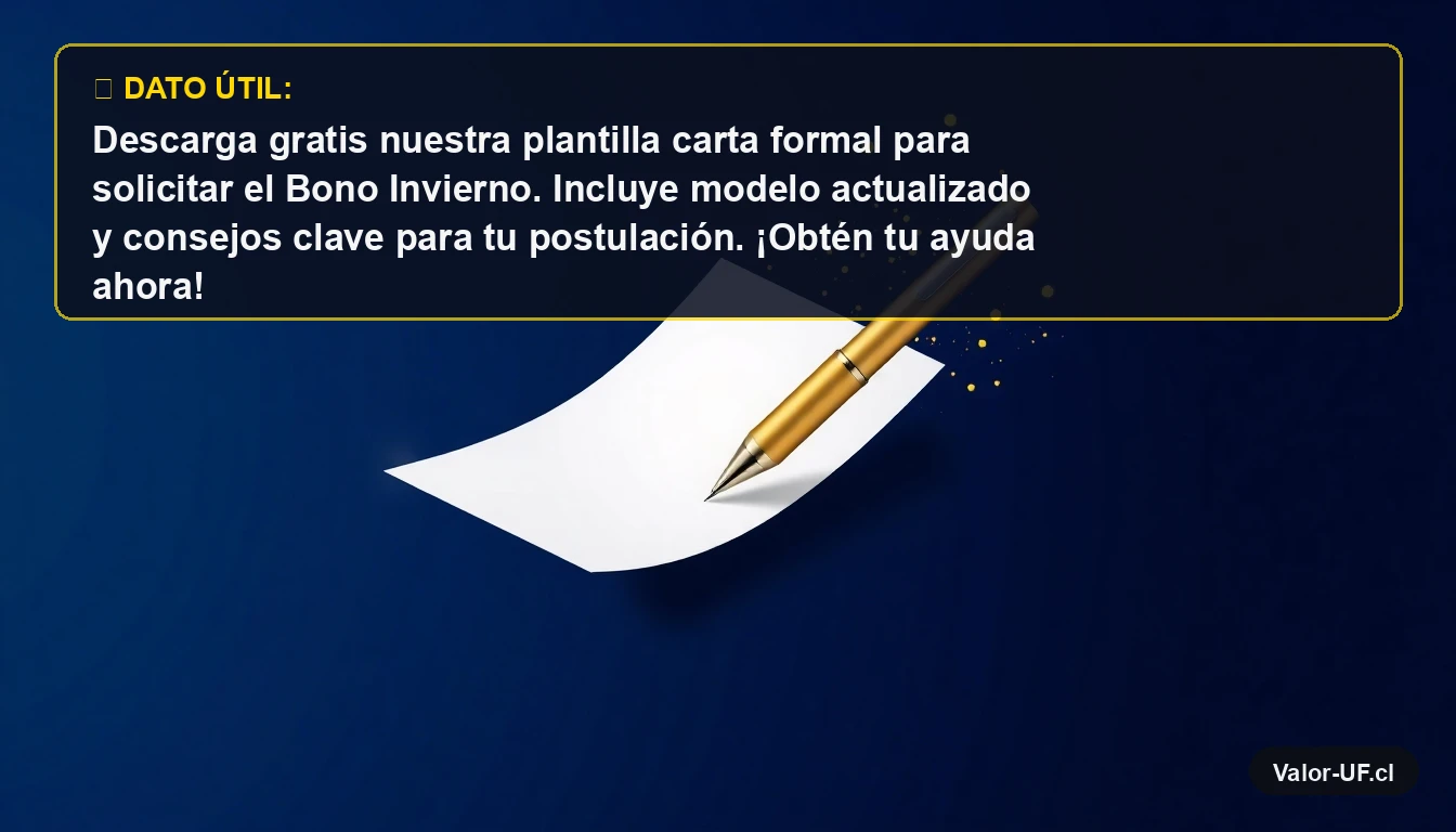 Plantilla de carta formal para solicitud de Bono Invierno, documento y pluma estilizada sobre fondo azul.