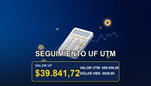 Ilustración premium de una calculadora financiera moderna sobre fondo azul marino, representando el control de indicadores económicos chilenos como la UF, UTM e IPC.