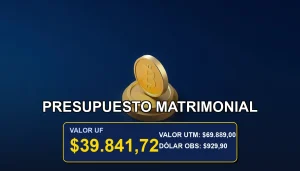 Plantilla de presupuesto para matrimonio en UF y CLP, diseño minimalista con moneda dorada y anillos.