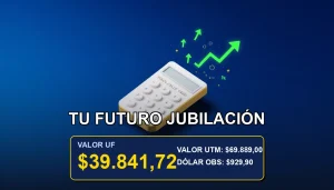 Ilustración premium sobre proyección de jubilación, IPC y UF en Chile. Concepto de ahorro previsional y economía.