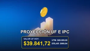 Ilustración premium de proyección económica con gráfico ascendente y moneda dorada sobre fondo azul marino, concepto de inflación y unidad de fomento en Chile.