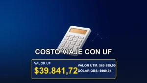Ilustración premium de una calculadora futurista sobre un fondo azul marino, representando la proyección del costo de un viaje usando la Unidad de Fomento y la inflación.