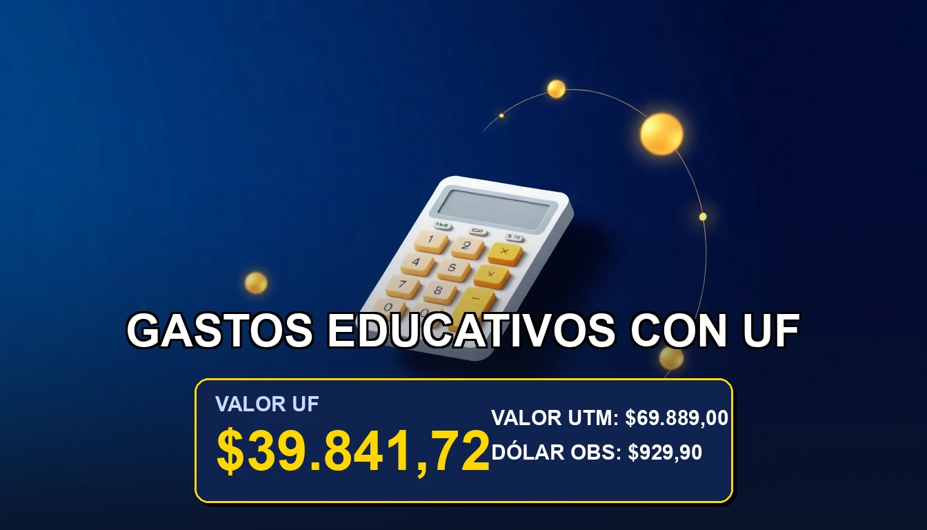 Ilustración premium de una calculadora futurista sobre un fondo azul marino, representando la proyección de gastos educativos utilizando la Unidad de Fomento (UF) en Chile.