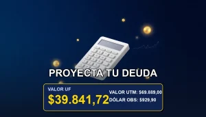 Ilustración premium de una calculadora futurista y monedas doradas sobre fondo azul marino, representando proyección financiera y deuda en UF.