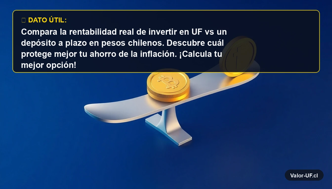 Ilustración 3D de una balanza comparando una moneda de oro UF y monedas de plata CLP, concepto de rentabilidad y decisión de inversión.
