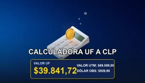 Simulador premium para convertir Unidades de Fomento (UF) a Pesos Chilenos (CLP) considerando el IPC, sobre fondo azul con ícono dorado.