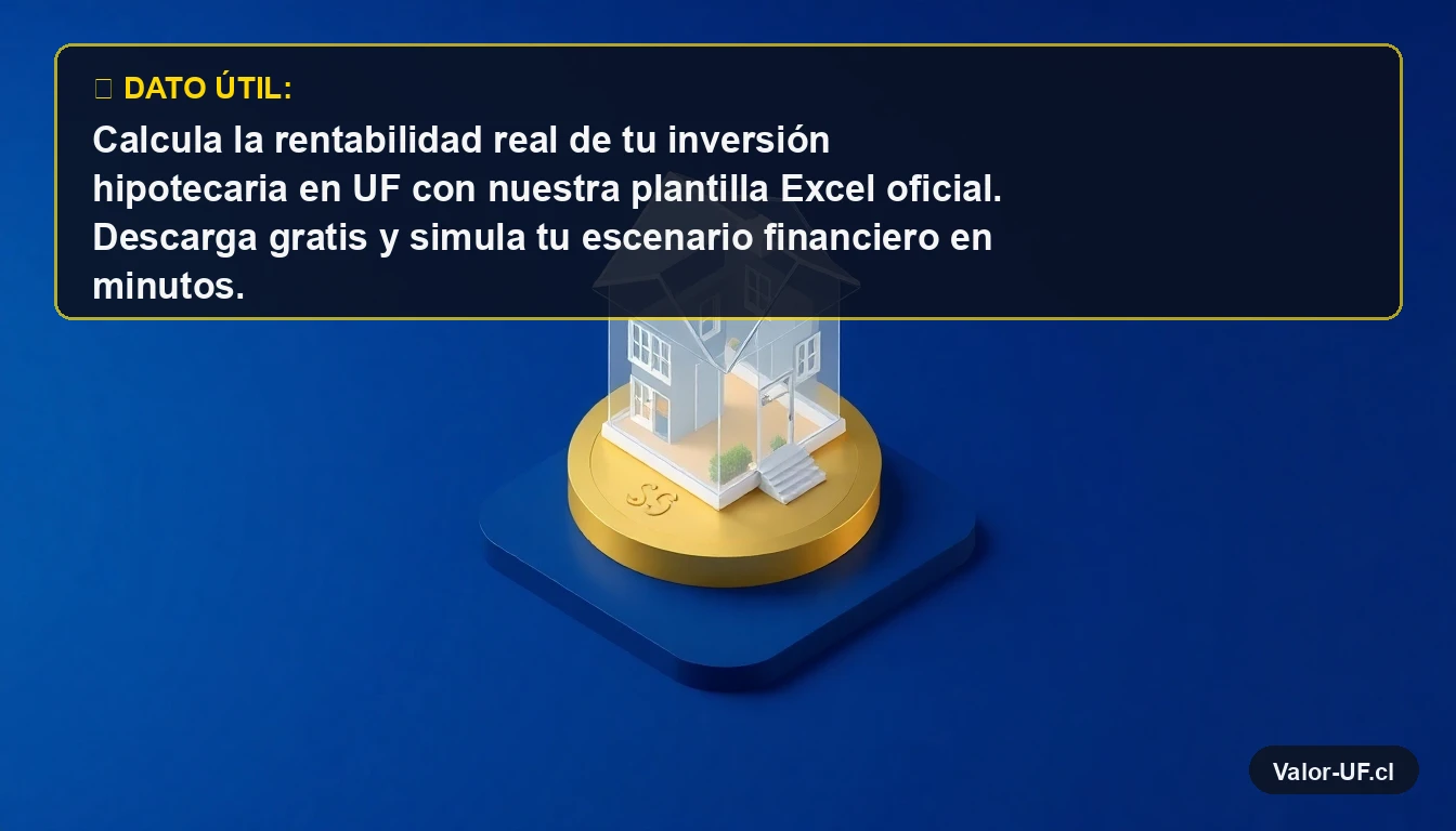 Simulador hipotecario en Excel para calcular rentabilidad en UF, casa isométrica sobre moneda dorada.