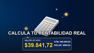 Ilustración premium de una calculadora financiera futurista sobre un fondo azul marino, representando el cálculo de la rentabilidad real de una inversión considerando la inflación (IPC).