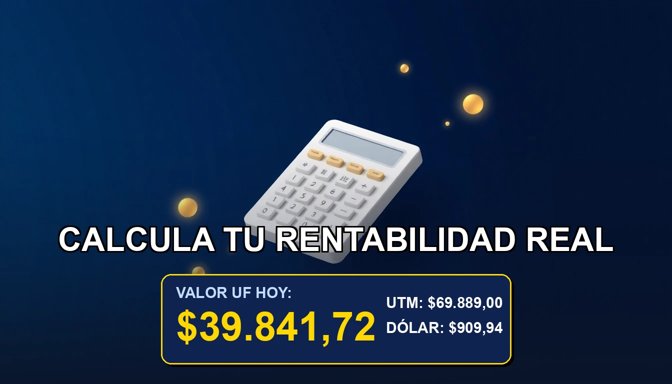 Ilustración premium de una calculadora financiera futurista sobre un fondo azul marino, representando el cálculo de la rentabilidad real de una inversión considerando la inflación (IPC).