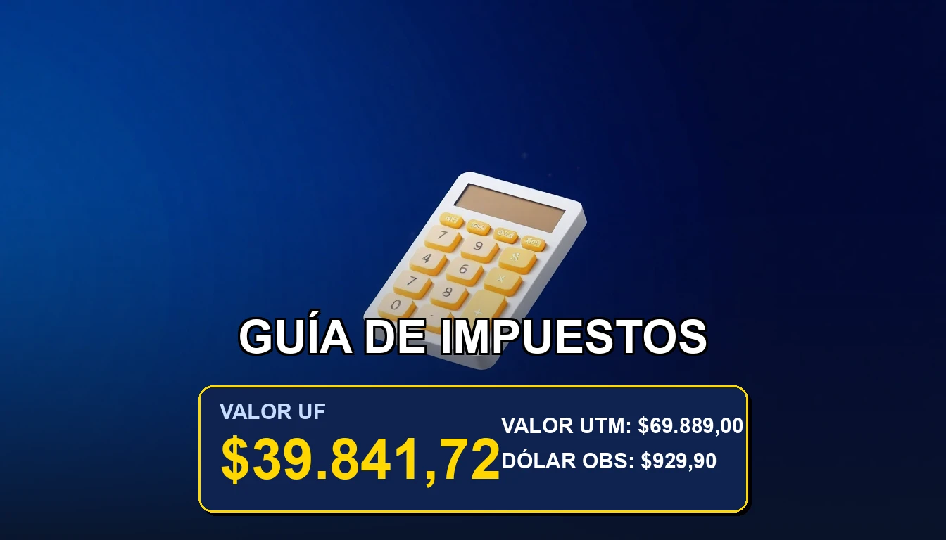 Ilustración minimalista de una calculadora dorada sobre fondo azul marino, representando la guía definitiva de impuestos, UF, UTM y SII en Chile.