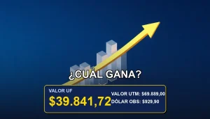 Ilustración financiera premium que compara instrumentos de ahorro UF y UTM en Chile, mostrando una moneda dorada sobre un gráfico ascendente, fondo azul marino.