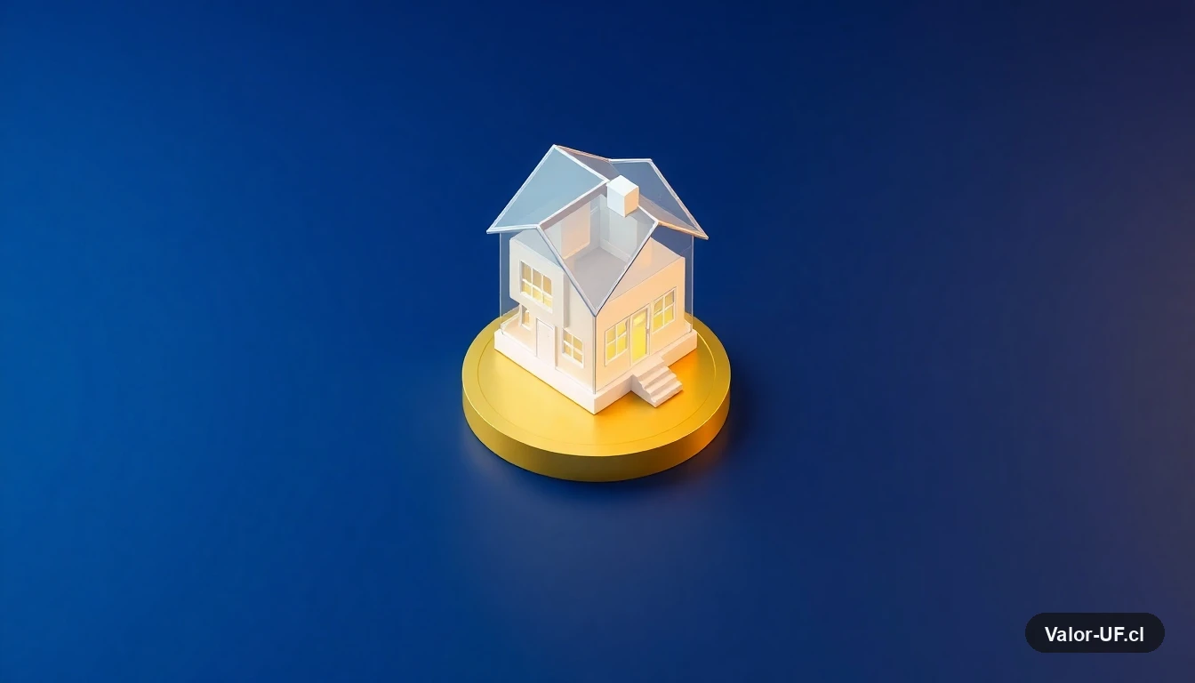 Ilustración 3D de una casa moderna sobre una moneda dorada, representando el valor de la UF en el mercado inmobiliario de Santiago.